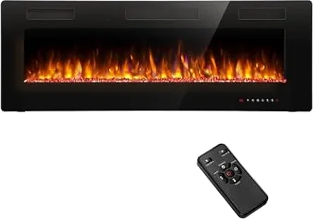 R.W.FLAME 50 inch Fireplace Recessed and Wall Mounted,The Thinnest Electric Fireplace,Low Noise, Fit for 2 x 4 and 2 x 6 Stud, Remote Control with Timer,Touch Screen,Adjustable Flame Color and Speed