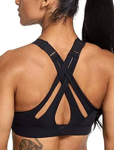 Yvette Sports Bras for Women, Adjustable Criss-Cross Back High Impact for Running, Black, Large