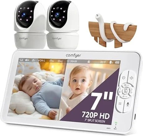 Comfyer BM01 7" Split-Screen Baby Monitor with 2 Cameras and Audio No WiFi | VOX Mode with Sound Alert, 4X Zoom, Auto Night Vision, 6000mAh Battery, A Flexible Mount, 960ft Range, 2-Way Talk, Easy Setup