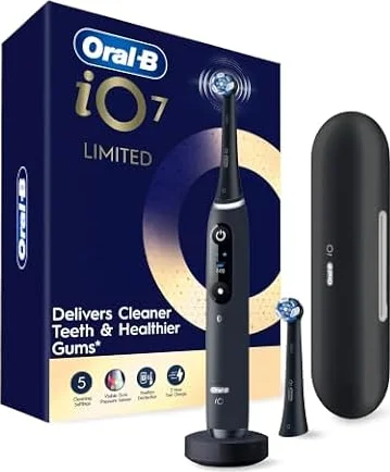 Oral-B iO Series 7 Deep Clean + Protect Rechargeable Electric Toothbrush, Black, Visible Pressure Sensor, 5 Settings, 2 Min Timer, 2 Replacement Brush Heads, Charging Travel Case