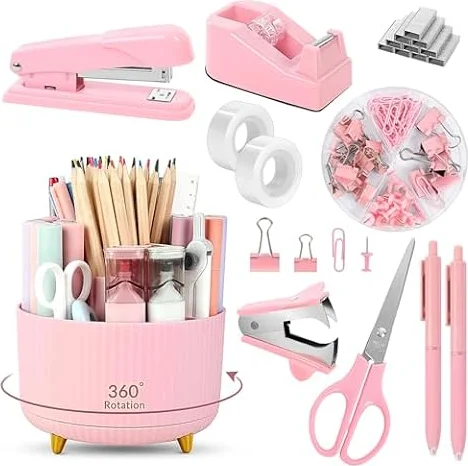 SKYDUE Pink Desk Accessories 10Pcs, Pink Office Supplies | 360-Degree Rotating Pen Holder, Stapler, Staple Remover, Tape Dispenser,2pcs Tape Refills, Binder Paper Clips Kit, Scissor