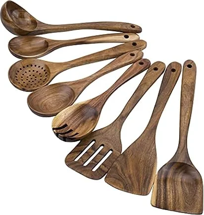 WOODME Kitchen Utensils Set 8 Piece Teak Wooden Cooking Utensil Set Non-Stick Pan Wood Spoons and Spatula Cookware for Home Everyday Use &Kitchen Tools (8pcs)