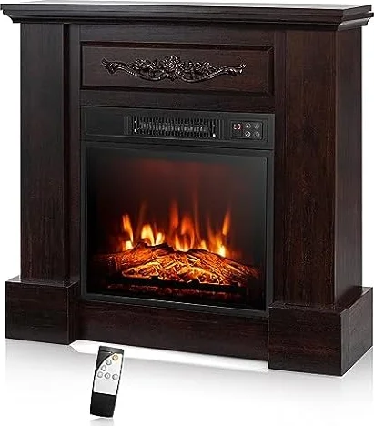 GOFLAME Electric Fireplace with Mantel, 1400W Freestanding Mantel Fireplace Heater with Remote Control, 3 Flame Brightness, Thermostat, 6H Timer, Overheat Protection, CSA Certified (Brown)