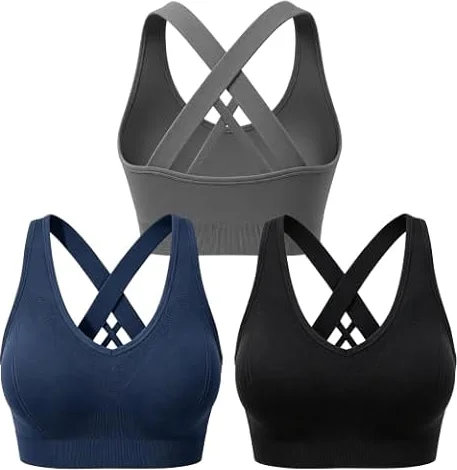 Double Couple Sports Bras for Women High Impact Support Padded 3/5 Pack, Black+gray+navy, Large