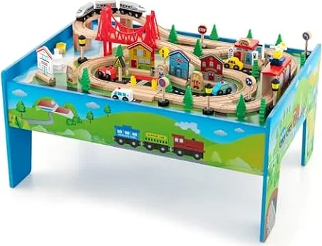 Costzon Train Table, 80 Pcs, Wooden Kids Activity Table Playset with Reversible & Detachable Tabletop, Solid Wood Tracks, Train, Railway, City, DIY Design, Gift for Boys & Girls, Multi-Color