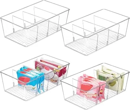 Vtopmart 4 Pack Food Storage Organizer Bins, Clear Plastic Bins for Pantry, Kitchen, Fridge, Cabinet Organization and Storage, 4 Compartment Holder for Packets, Tea, Snacks, Pouches, Spice Packets