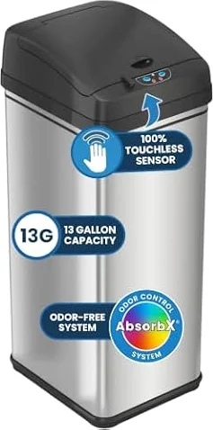 iTouchless 49 Litre / 13 Gallon Pet-Proof Sensor Trash Can with Absorbx Odor Filter Kitchen Garbage Bin Prevents Dogs & Cats Getting in, Stainless Steel with PetGuard, DZT13PL