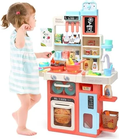 CUTE STONE Pretend Play Kitchen, Water Sink, Stove with Steam&Light&Sound, 63PCS Toy KitchenAccessories with Toy Food, Pots, Utensils, Kids Kitchen Play Set, Ideal Gift for Boys Girls Toddlers(Pink)
