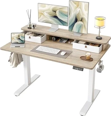 BEXEVUE 48" Electric Standing Desk with 2 Fabric Drawers, 120 * 60cm Sit Stand Desk with Shelf, Height Adjustable Desk with Hooks, Ergonomic Home Office Table, Splice Board, Maple