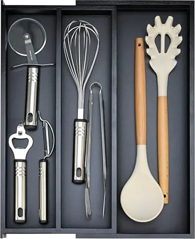 Expandable Black Bamboo Kitchen Utensils Drawer Organizer Silverware Tray