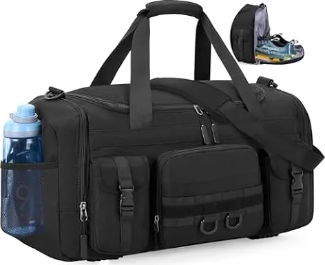 SDYSM Gym Bag for Men Women 40L Large Travel Duffle Bag with Shoe Compartment & Wet Pocket Waterproof Tactical Weekender Overnight Bag Carry On Sport Bag for Fitness Travel Hiking, Black