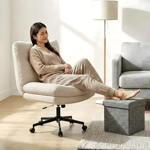 Submi Office Chair, Desk Chair, Criss Cross Chair, Fabric Cross Legged Vanity Chair, Ergonomic Computer Chair with Adjustable Height, Swivel Home Office Task Chair, Work, Comfy, 300LBS, Beige
