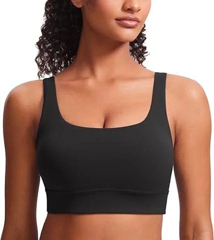 CRZ YOGA Butterluxe U Back Sports Bras Black Medium | Light Support, Removable Pads, Yoga, Extremely Soft, Longline, Scoop Neck, Wide Straps, for Women
