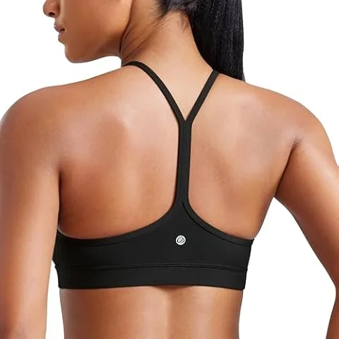 CRZ YOGA Butterluxe Y Back Sports Bras Black Small | Light Support, Removable Pads, Yoga, Extremely Soft, Scoop Neck, Spaghetti Strap, for Women