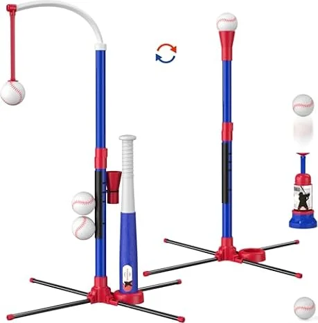 HYES 3-in-1 Baseball Set for Kids with Auto Pitching Machine | with Hanging Tee/Standing Tee/Ball Launcher/6 Softballs, Adjustable Height Kids Baseball Sets Outdoor Sport Gifts