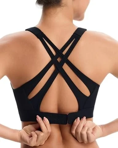 BYAWAY High Impact Sports Bra for Women High Support Molded Cups,Adjustable Straps & Hook Closure,Criss Cross Supportive Bra Black