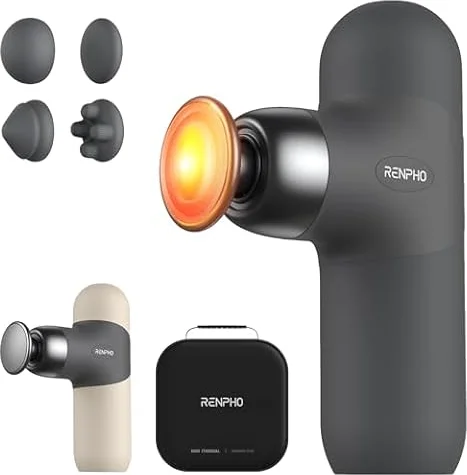 RENPHO Mini Thermal Massage Gun with Heat, Color Silicone Sleeves, 4 Speeds | Portable, Ultra-Quiet Mini Massage Gun, 4 Heads, Back Muscle Comfort, Carry Case, Home, Office, Travel Use, Gift Idea