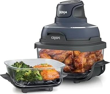 Ninja Crispi Glass Air Fryer, 4-in-1, Grey, FN101CGY | Max crisp, bake, air fry, recrisp, 450F/232°C max, 4 Qt/3.8L and 6 Cup containers, PFAS-free glass