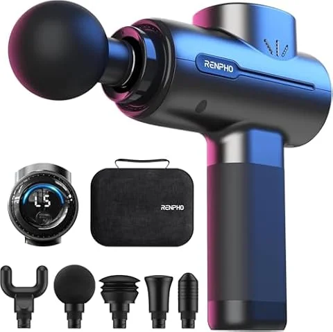 RENPHO Massage Gun with Case, Deep Tissue Massager for Back relaxation | Portable Hand held Electric Massager with 5 Speeds, 5 Attachments, Black, Gifts for Men Women, Black, Active