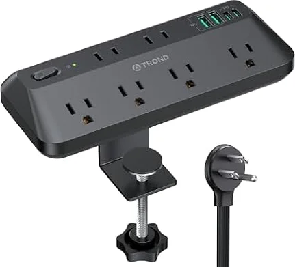 TROND Desk Clamp Power Bar Surge Protector with PD 20W USB, 6 Outlets, 6ft