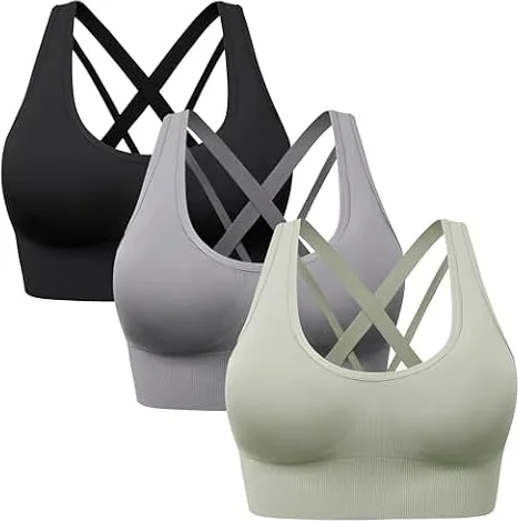 HBselect Strappy Sports Bras for Women 3 Pack Padded Wireless Sports Bra