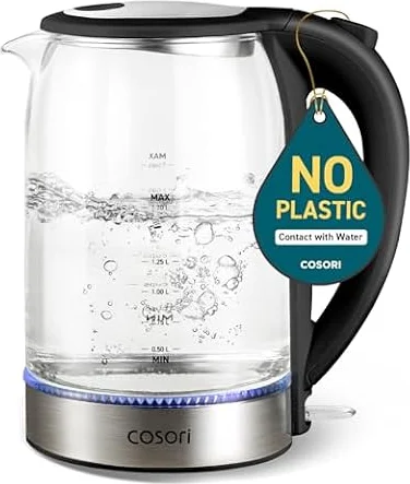 Cosori Glass Electric Kettle 1500W, Plastic-Free, 1.7L, Cordless, Black