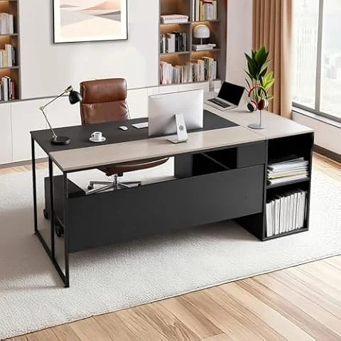 VEVOR L-Shaped Executive Desk, Large Modern Office Table with Drawers & Storage Cabinet, Heavy Duty Wooden Executive Table with CPU Stand, 350 LBS Load Capacity, Easy Assembly, for Work Study Writing