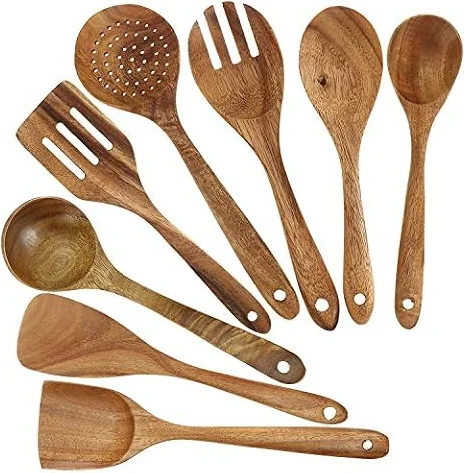 Bekith 8 Pack Wooden Spoons for Cooking, Kitchen Utensils Set, Natural Teak Long Wood Spoon and Spatula for High Heat Stirring, Baking, Non Stick Pots and Pans