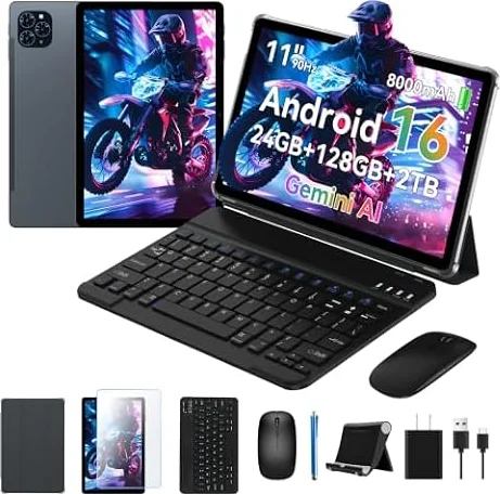 Tablet, Update Android 16 Tablet with 11 Inch FHD Display, 24GB RAM 128GB ROM /2TB TF, T615 Octa-Core+13MP Camera, 8000mAh, Widevine L1, 3 in 1 Tablets with Keyboard Mouse Pen, 4-Year Warranty