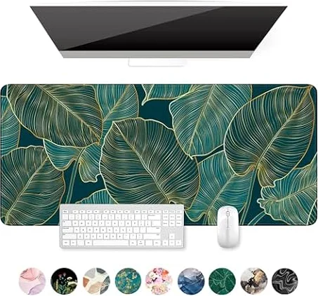 Auhoahsil Desk Mat, Ultra Large Mouse Pad, XXL Gaming Mousepad, Green Tropical Leaves Desk Pad, Big Extended Full Size Mouse Pad, Desktop Desk Matt for Keyboard, Laptop & Computer, 35.5 x 15.7 in
