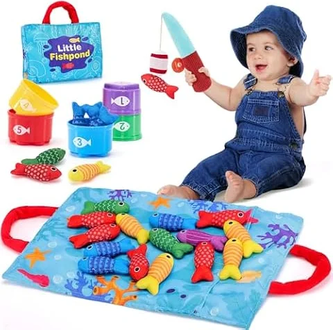 hahaland 10 in 1 Fishing Game Montessori Toys for 1 Year Old | Toddler Toys with Baby Stacking Cups for 1 2 Year Old Boys Girls Toy, Montessori Educational Baby Toy 6-12-18 Months