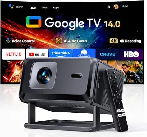 Smart Projector 4K【Upgraded Google TV 14.0 & Dolby】Short Throw Mini Projectors with Auto Focus & Keystone|Compatible with Netflix|HDR10,Portable Outdoor Projecteur with WiFi & Bluetooth for Movie/Home