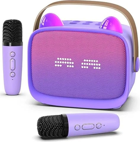 Mini Karaoke Machine Toys Gifts, Kids Portable Bluetooth Speaker with 2 Wireless Microphone and LED, Christmas Birthday Gift Idea for Girls Boys 3-12 + Year Old, Noisemaker Toys for Party (Purple)