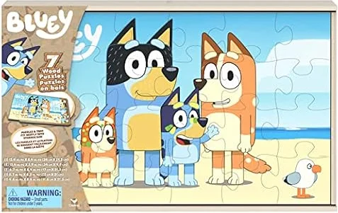 Spin Master Games Bluey 7-Pack Wooden Puzzles with Storage Tray for Kids