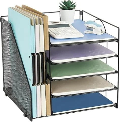 Gugsey Desk Organizer with File Holder, Organisateur et Accessoire de Bureau, 5-Tier Paper Letter Tray, Mesh Desktop File Organizers, Organization and Storage for School, Home, Office (Black)