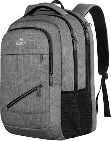 MATEIN Travel Laptop Backpack, 17 Inch TSA Approved Carry On Work Bag | College School Bookbag with Trolley Sleeve, Large Business Computer Bag with Anti Theft Pocket, Grey Rucksack for Men Women