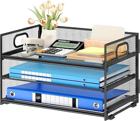 Subekyu 3 Tier Paper Letter Tray Organizer for Desk, Black Metal Mesh Desk File Folder Sorter Organizer with Handle and Sliding Tray for Home, Office, School Supplies Organization Storage