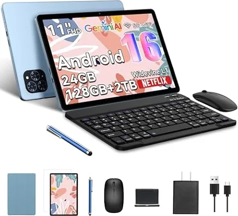 Tablet, Android 16 Tablet with 11 Inch FHD Display, 24GB RAM 128GB ROM /2TB TF, T615 Octa-Core+13MP Camera, 8000mAh, Widevine L1, 3 in 1 Tablets with Keyboard Mouse Pen, 4-Year Warrant, Blue