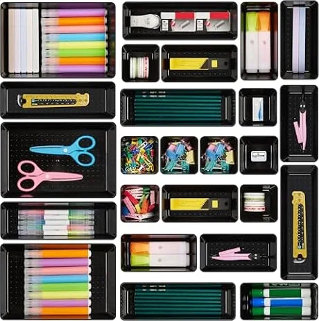 Vtopmart 25 Pack Desk Drawer Organizers with Non-slip Pads, 4-Size, Black