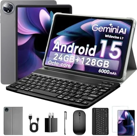 Android 15 Tablet 10.1 Inch with Keyboard Mouse, 34GB RAM (8+26GB) 128GB ROM (1TB Expandable), Octa-Core 2-in-1 Tablets, 1280x800 IPS HD Screen, 6000mAh Battery, Widevine L1, Gray