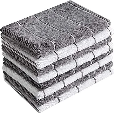 Microfiber Kitchen Towels - Super Absorbent, Soft and Solid Color Dish Towels, 8 Pack (Stripe Designed Grey and White Colors), 26 x 18 Inch (Grey)