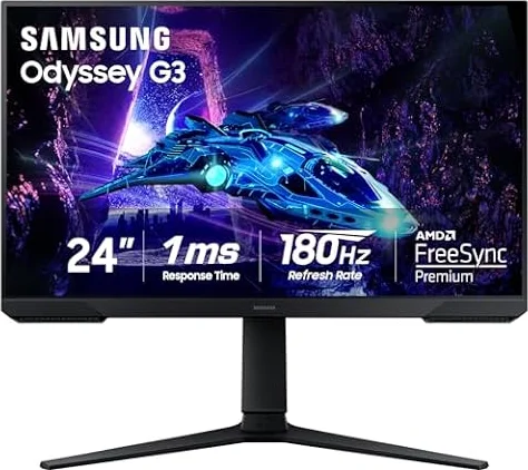 Samsung 24-Inch Odyssey G3 (G30D) Series FHD Gaming Monitor, 1ms, 180Hz, AMD FreeSync, Adjustable Stand, Black Equalizer, Virtual Aim Point, Eye Saver Mode, Flicker-Free, LS24DG302ENXZA