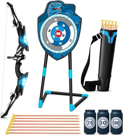 Kids LED Standing Archery Set with Bow & Arrows – Outdoor Sports Toy for Boys & Girls Ages 4-12, Safe & Fun Target Practice Game, Blue