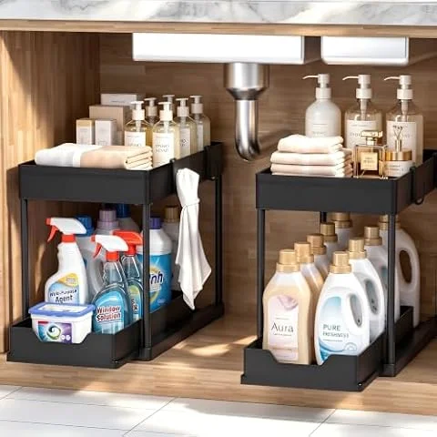 DEKAVA Under Sink Organizer 2 Pack, Bathroom Organizers, 2 Tier Sliding Cabinet Basket Organizer Drawer, Multi-Purpose Bath Collection Baskets for Bathroom (Black)