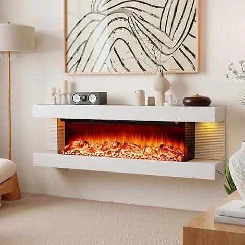 ORALNER 3 Sided Wall Mount Electric Fireplace w/ 50" Floating Mantel, White