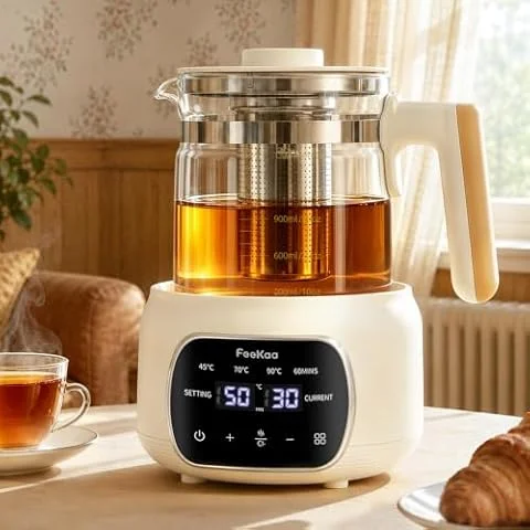 Feekaa Electric Kettle,1.3L Tea Kettle,Glass Teapot with Temp Control,White | Electric Teapot with Removable Stainless Infuser,Health Pot,72H Keep Warm,Tea Maker pot,Custom Time,Ideal for Tea,Coffee&Milk