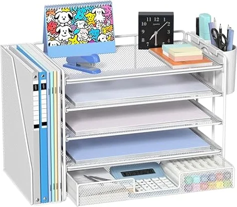 Gugsey Desk Organizer with File Holder, Organisateur de Bureau, White