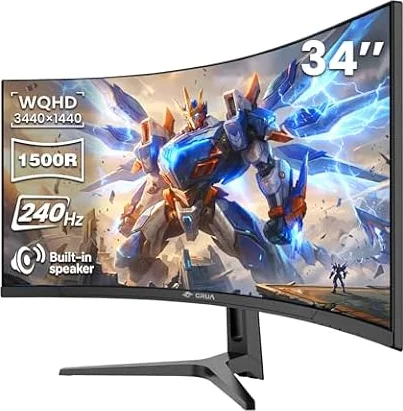 CRUA 34" WQHD 240Hz Curved Gaming Monitor, 21:9 Ultrawide, 1500R, Speakers