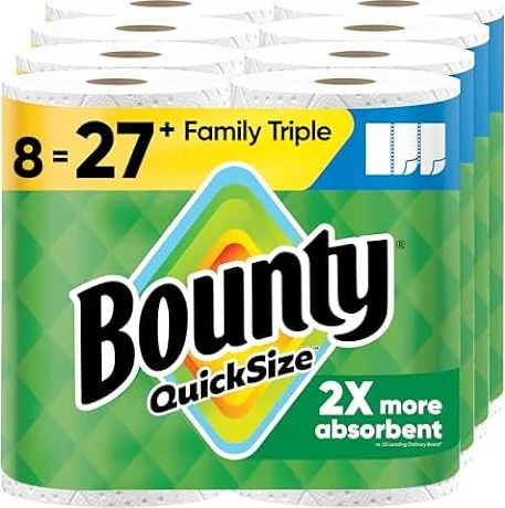 Bounty Paper Towels Quick-Size, White, 8CT Family Triple Rolls = 27 Regular Rolls