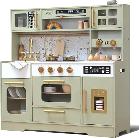 Green Play Kitchen with 15 Fun Accessories and Realistic Appliances | Interactive Coffee Maker, Microwave and Realistic Accessories Make This Wooden Kitchen a Birthday or Christmas Gift, Ages 3+